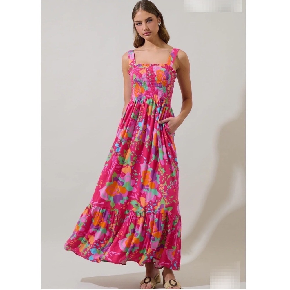 Sugarlips Himera Floral Kells Pink Smocked Maxi Dress M NWT